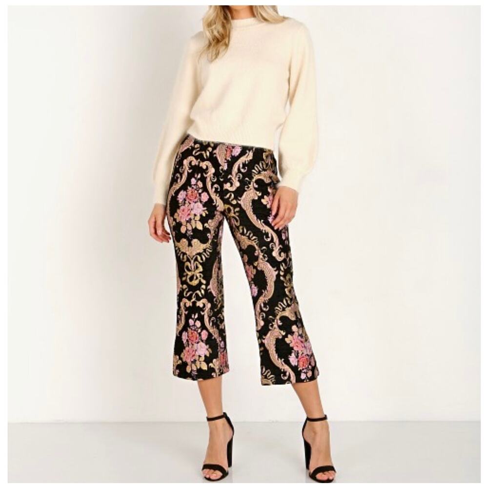 For Love & Lemons Brocade Flared Pant Black Floral Small
